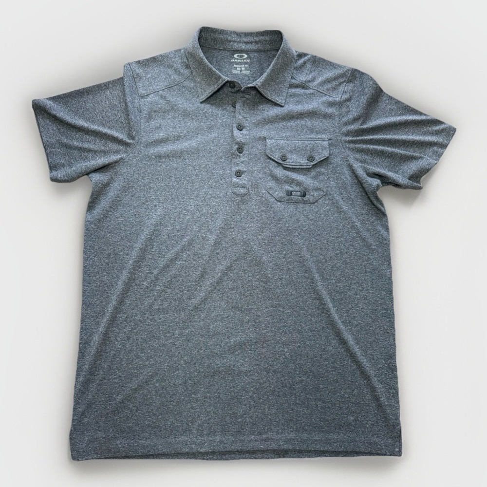 Oakley Men's Polo Shirt Med Regular Fit Heather Gray Button Pocket Golf Active